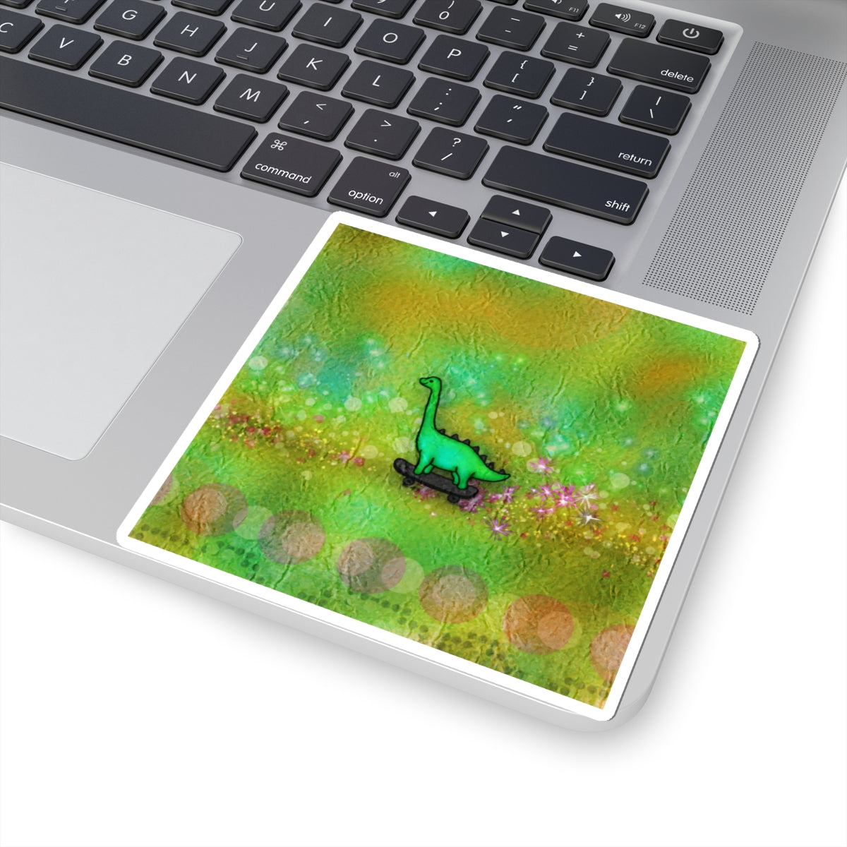 Green Skateboarding Dinosaur Sticker — Cute Kiss-Cut Decal