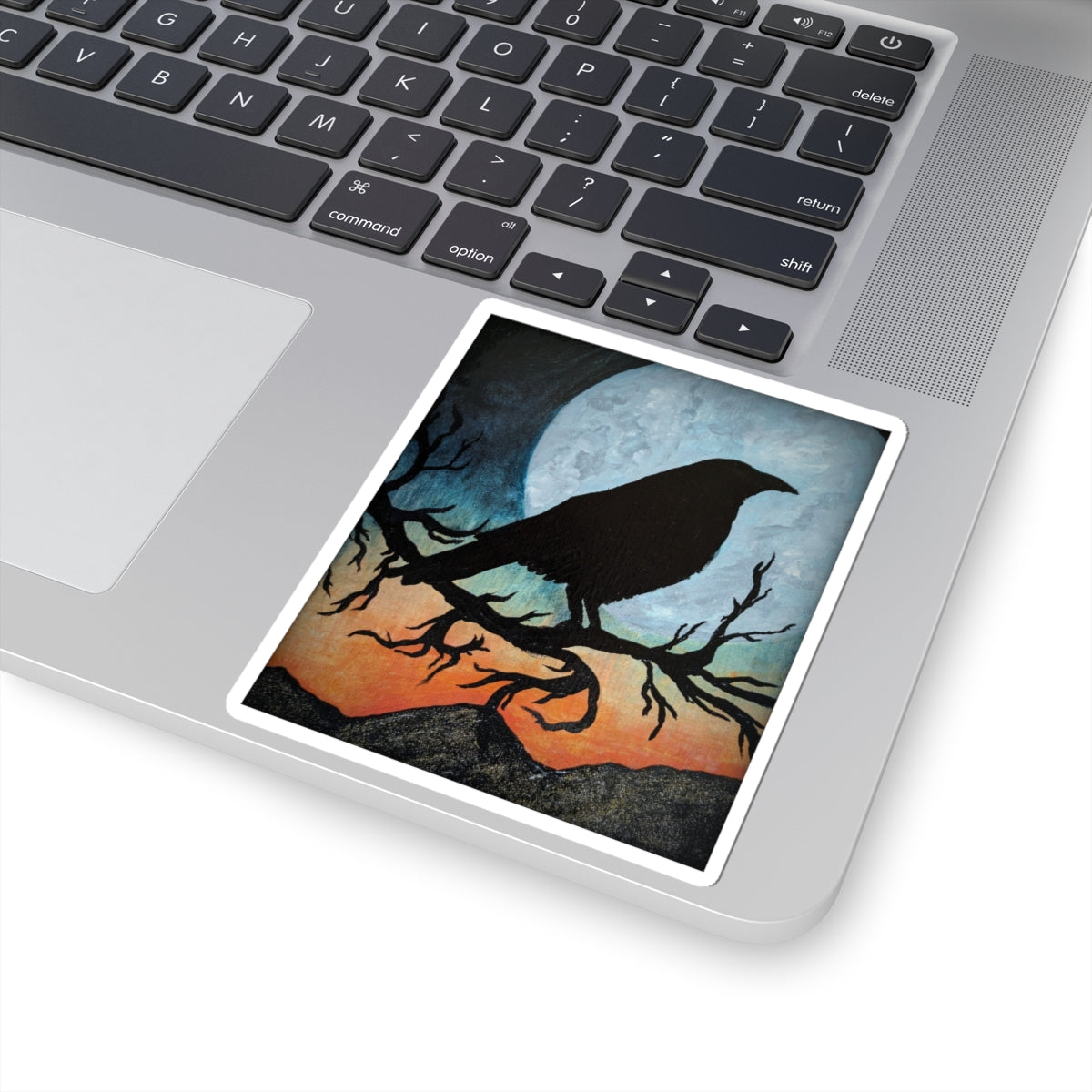 Raven Silhouette Sticker — Moonlit Crow on Branch Kiss-Cut Decal