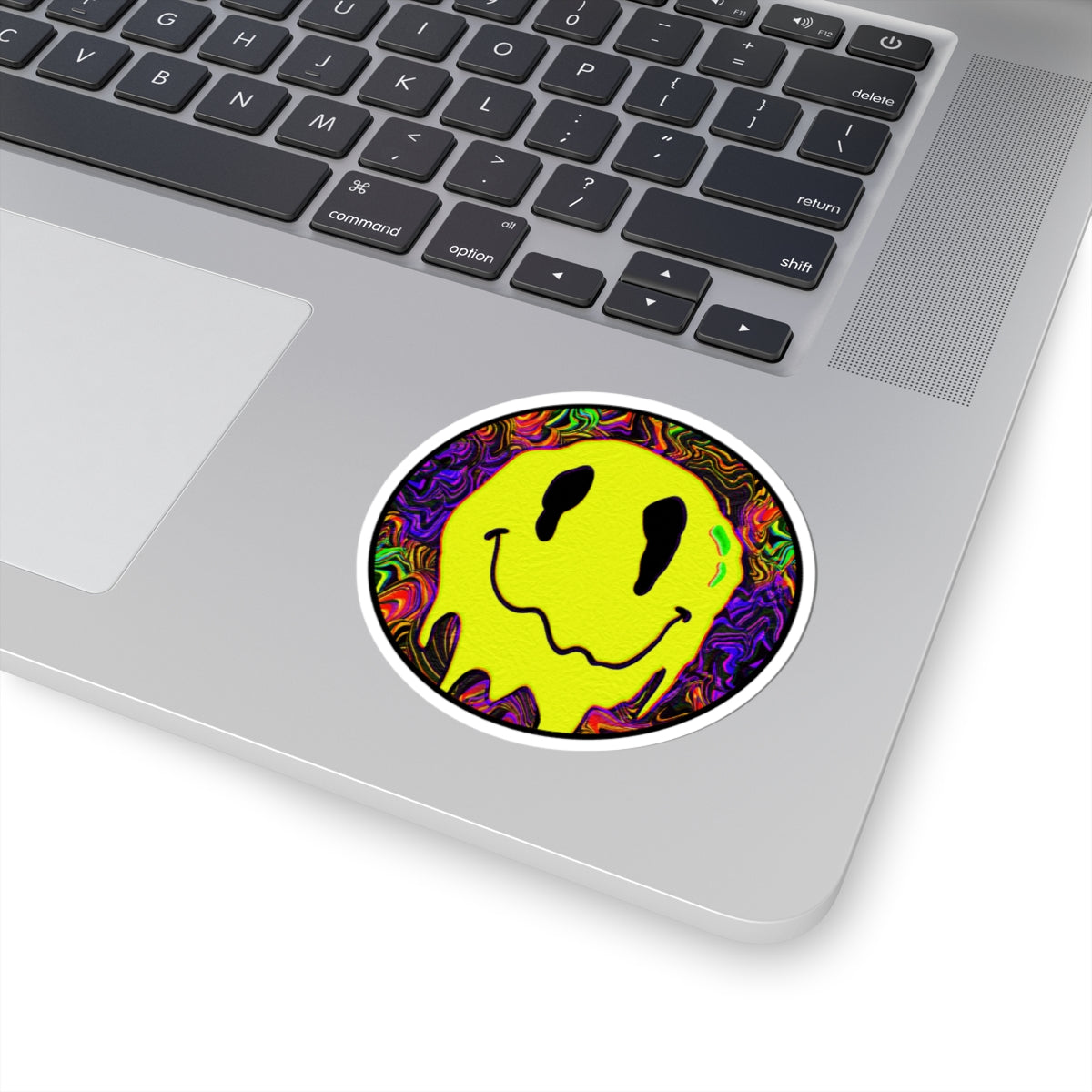 Psychedelic Drip Smiley Sticker — Neon Trippy Kiss-Cut Decal