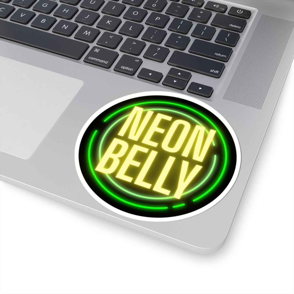 Neon Belly Round Sticker – Retro Green & Yellow Neon Logo Kiss-Cut Sticker