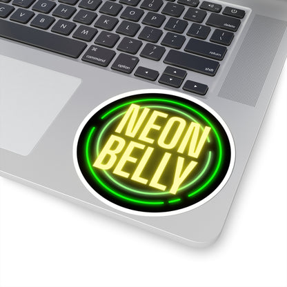 Neon Belly Round Sticker – Retro Green & Yellow Neon Logo Kiss-Cut Sticker
