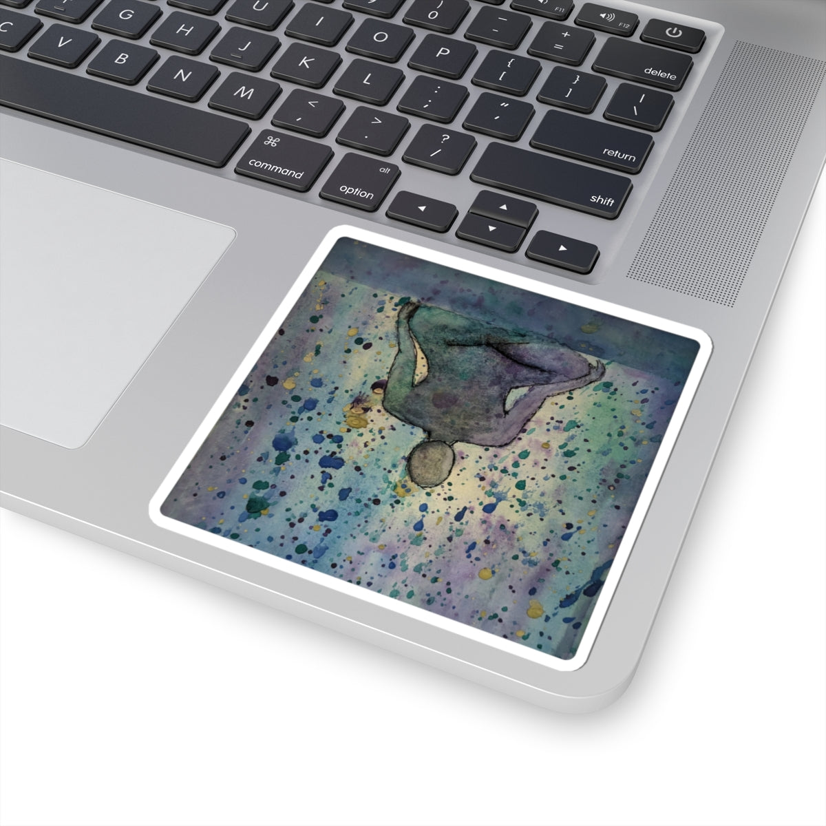Contemplative Figure Watercolor Sticker — Abstract Galaxy Splash Kiss-Cut Sticker