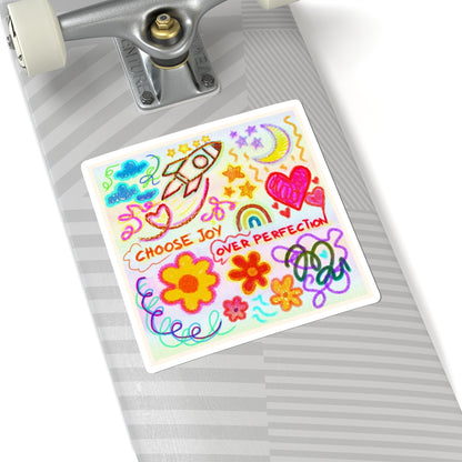 'Choose Joy Over Perfection' — Colorful Doodle Hearts, Flowers & Rocket