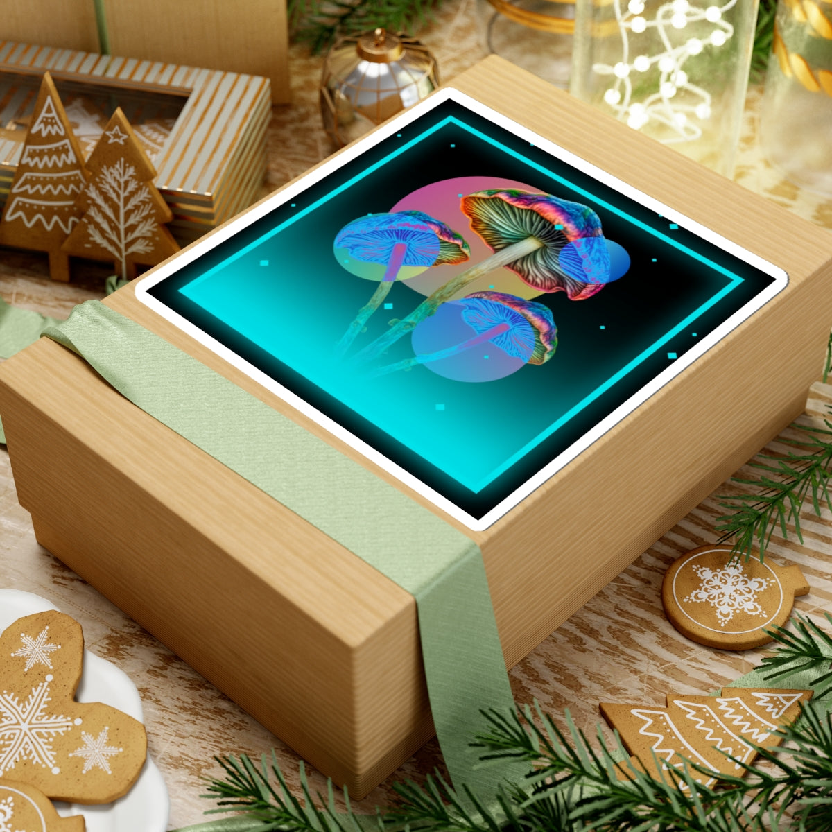 Neon Psychedelic Mushroom Sticker — Retro Vaporwave Kiss-Cut Decal