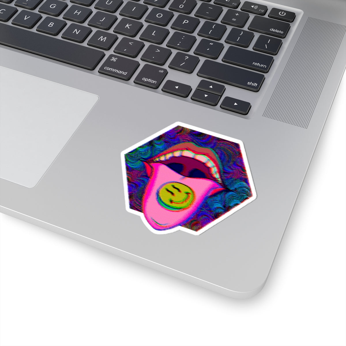 Psychedelic Tongue Smile Sticker — Retro Trippy Kiss-Cut Decal