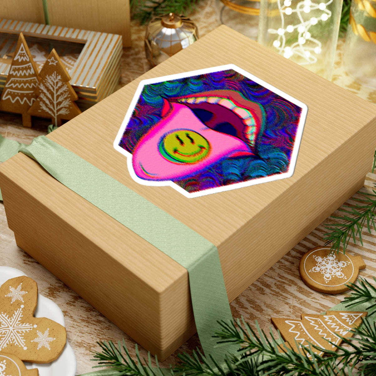 Psychedelic Tongue Smile Sticker — Retro Trippy Kiss-Cut Decal