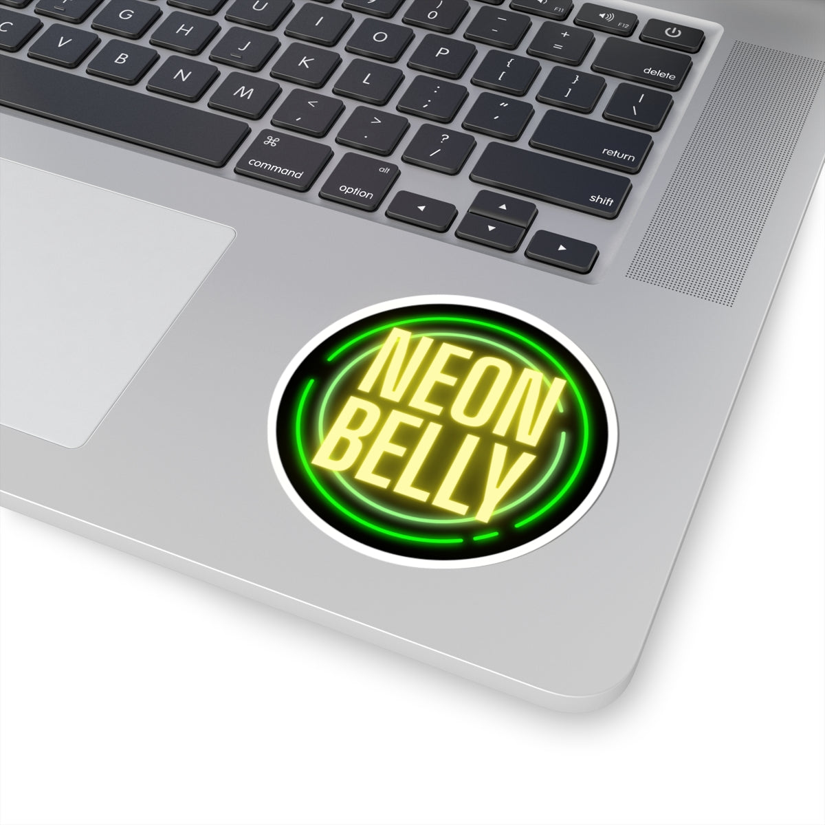 Neon Belly Round Sticker – Retro Green & Yellow Neon Logo Kiss-Cut Sticker