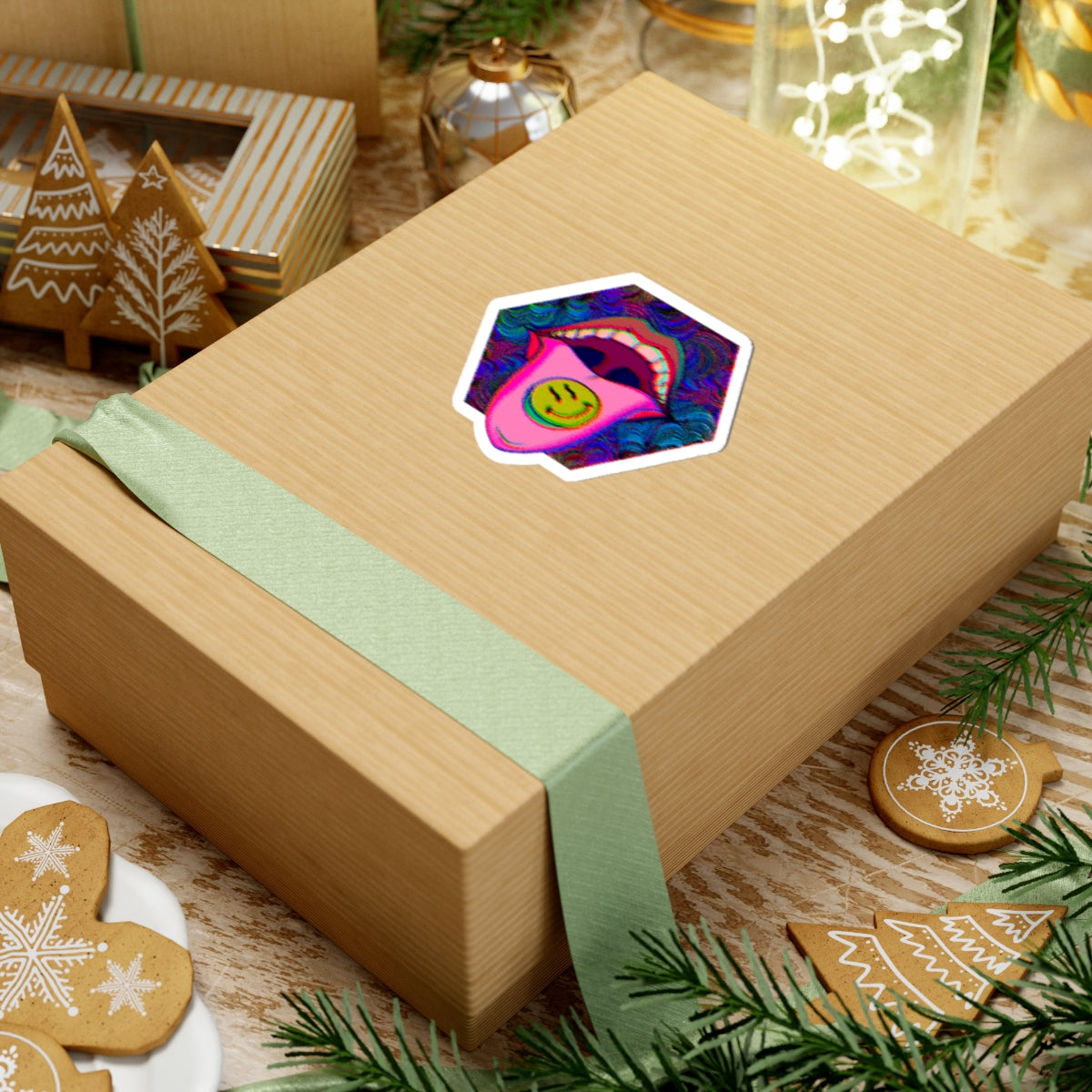 Psychedelic Tongue Smile Sticker — Retro Trippy Kiss-Cut Decal