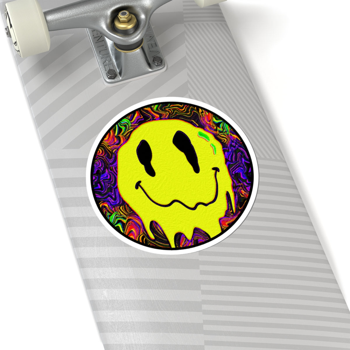 Psychedelic Drip Smiley Sticker — Neon Trippy Kiss-Cut Decal