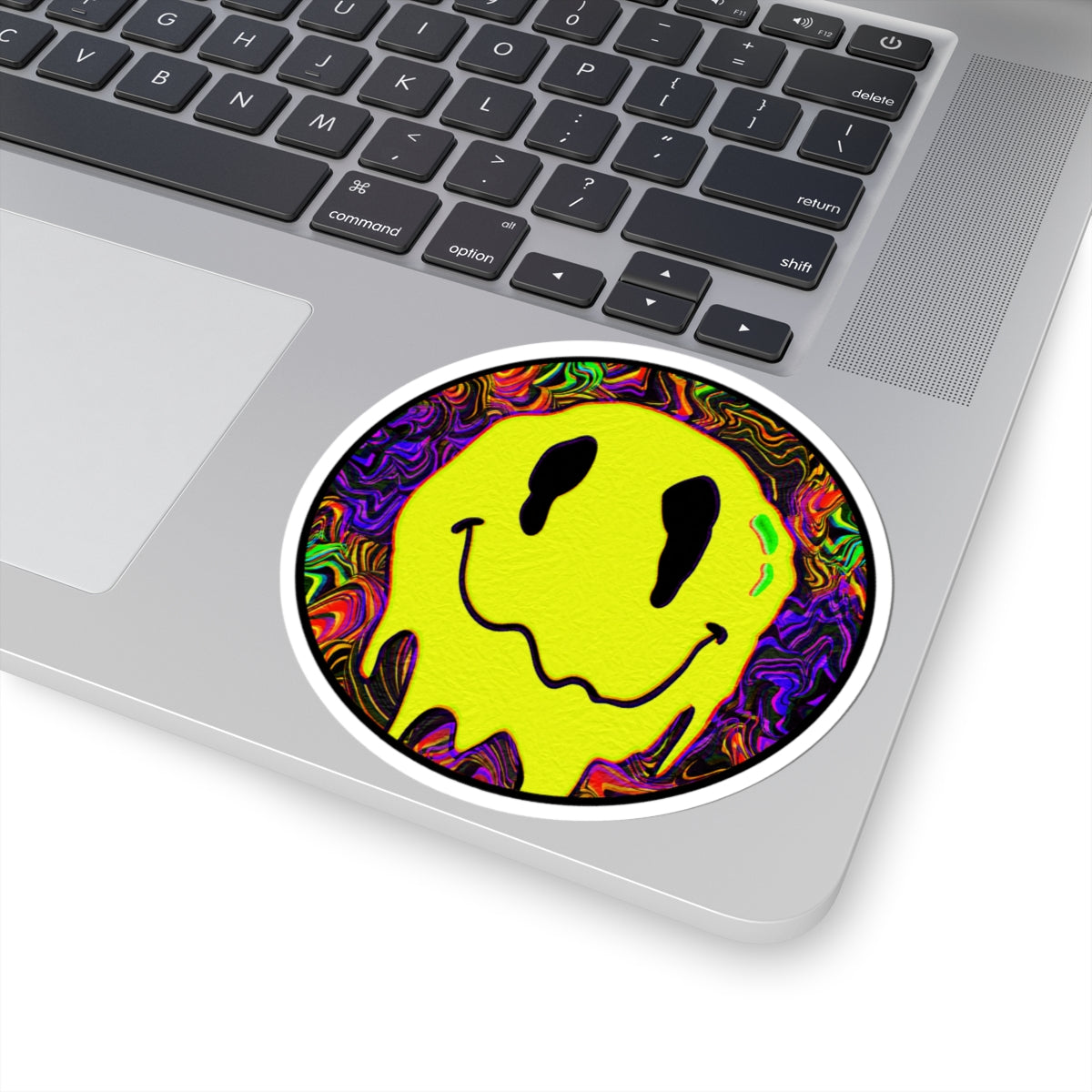 Psychedelic Drip Smiley Sticker — Neon Trippy Kiss-Cut Decal
