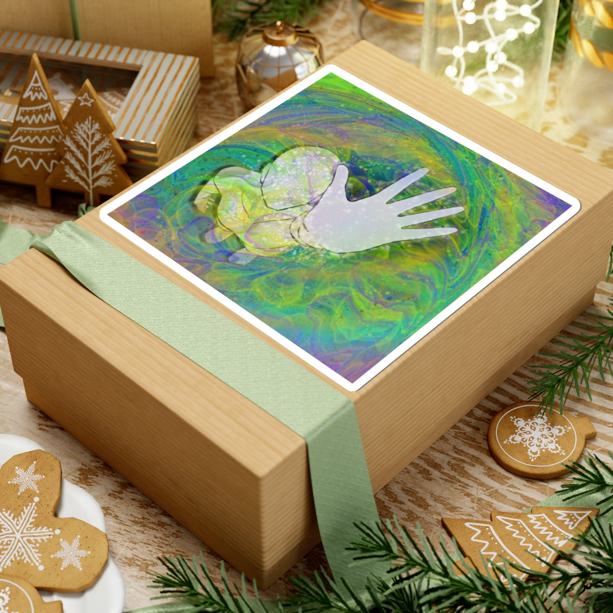 Psychedelic Outstretched Hand Sticker — Trippy Green Swirl