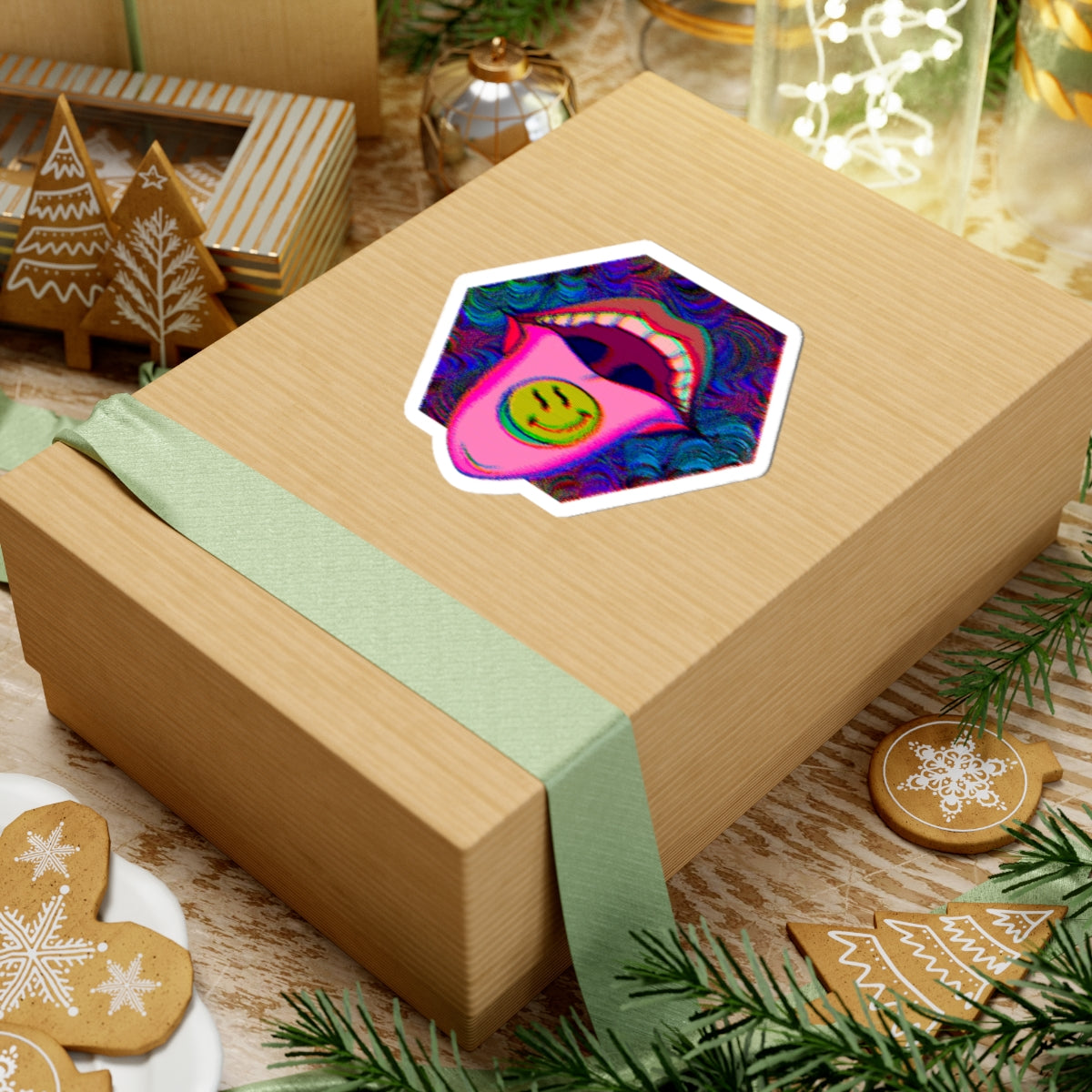 Psychedelic Tongue Smile Sticker — Retro Trippy Kiss-Cut Decal