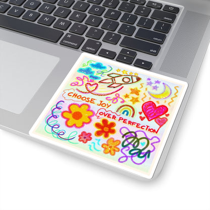 'Choose Joy Over Perfection' — Colorful Doodle Hearts, Flowers & Rocket