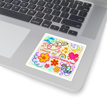 'Choose Joy Over Perfection' — Colorful Doodle Hearts, Flowers & Rocket