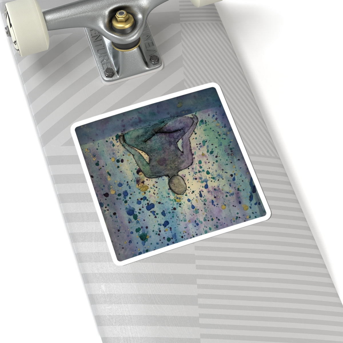 Contemplative Figure Watercolor Sticker — Abstract Galaxy Splash Kiss-Cut Sticker