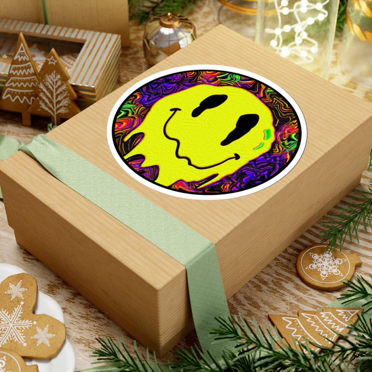 Psychedelic Drip Smiley Sticker — Neon Trippy Kiss-Cut Decal