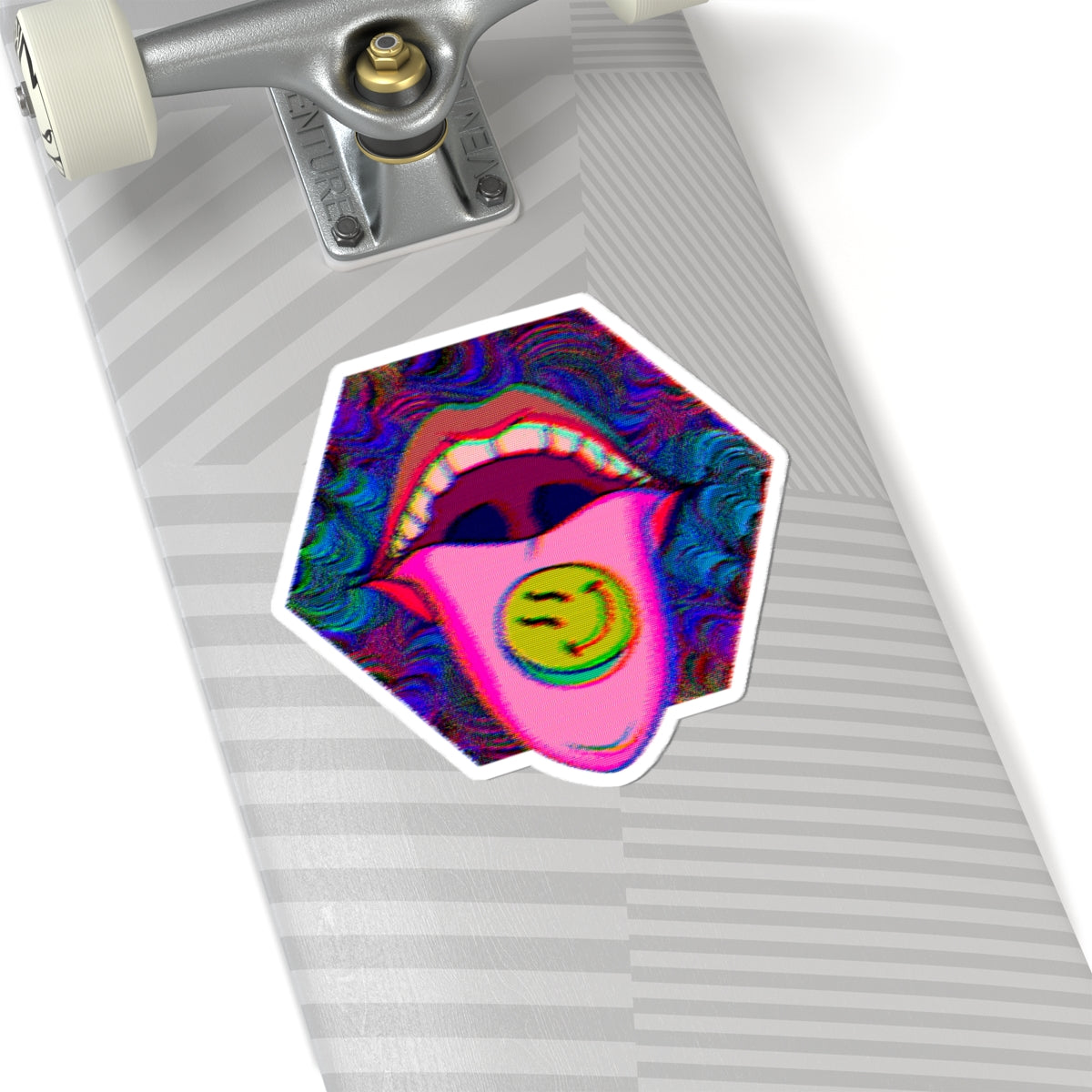 Psychedelic Tongue Smile Sticker — Retro Trippy Kiss-Cut Decal