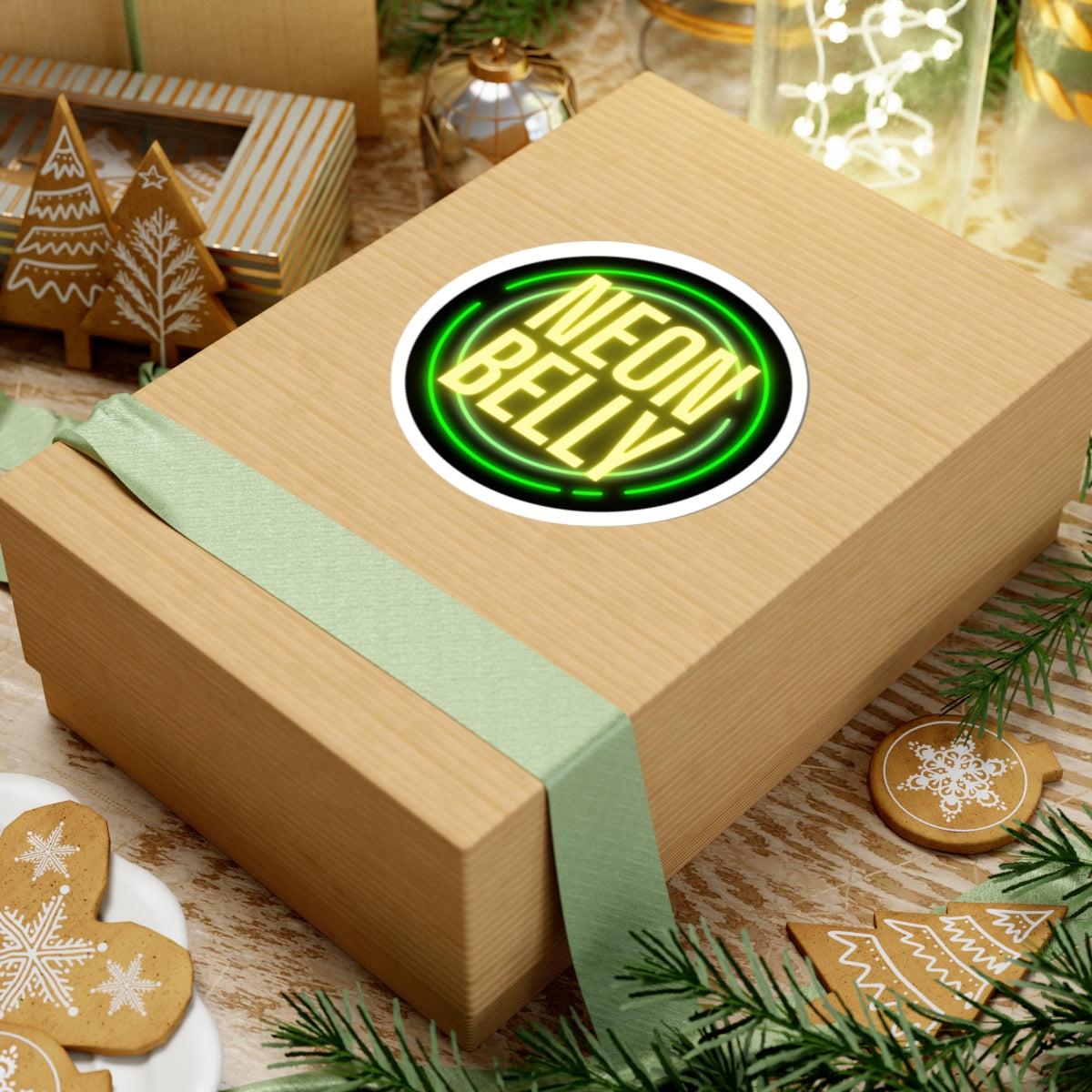 Neon Belly Round Sticker – Retro Green & Yellow Neon Logo Kiss-Cut Sticker