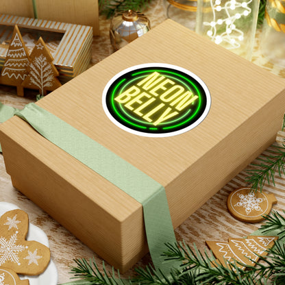 Neon Belly Round Sticker – Retro Green & Yellow Neon Logo Kiss-Cut Sticker