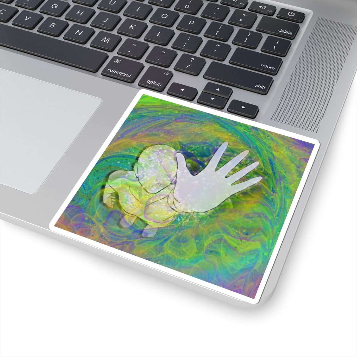 Psychedelic Outstretched Hand Sticker — Trippy Green Swirl