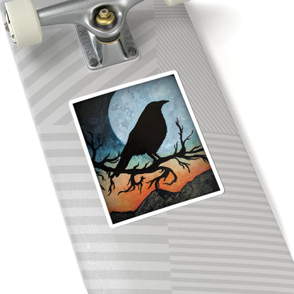 Raven Silhouette Sticker — Moonlit Crow on Branch Kiss-Cut Decal