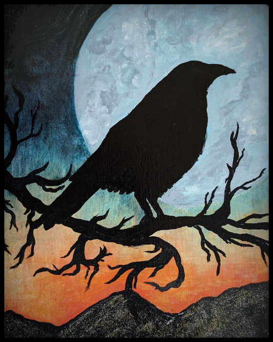 Raven Silhouette Sticker — Moonlit Crow on Branch Kiss-Cut Decal
