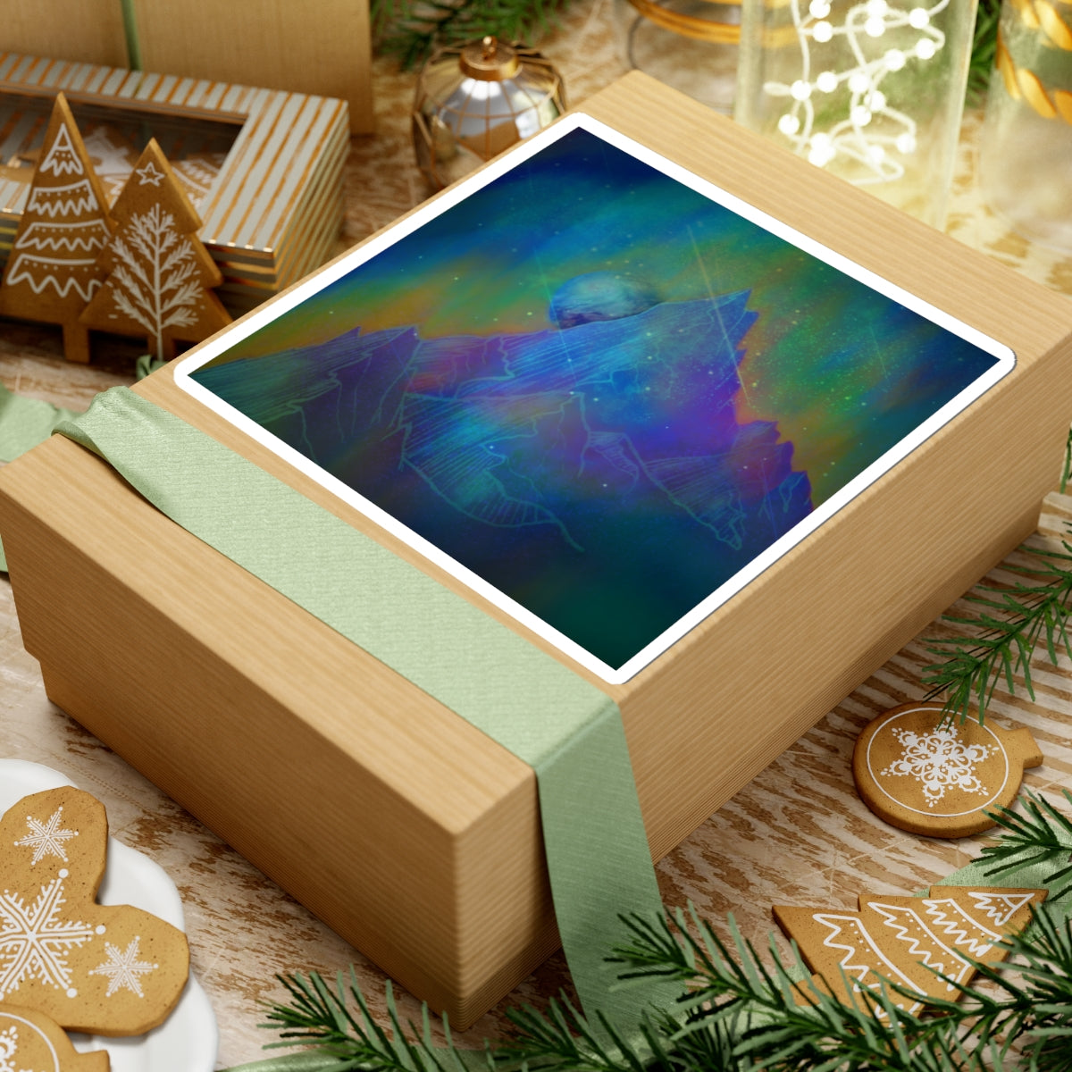 Aurora Mountain Kiss-Cut Sticker — Colorful Cosmic Peak Laptop Decal