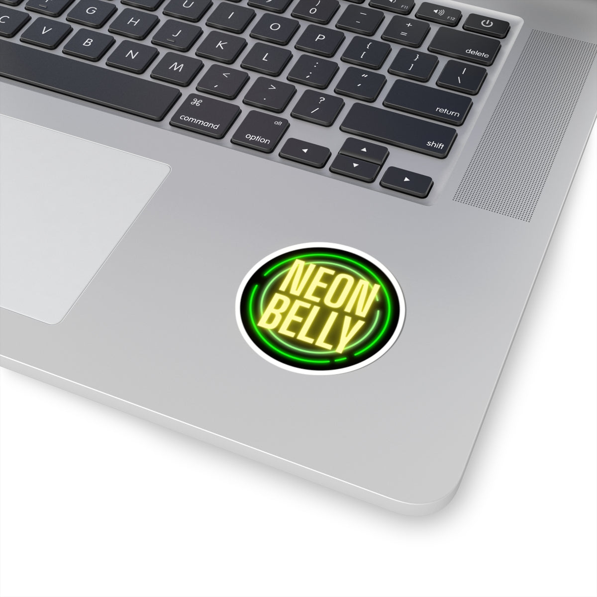Neon Belly Round Sticker – Retro Green & Yellow Neon Logo Kiss-Cut Sticker
