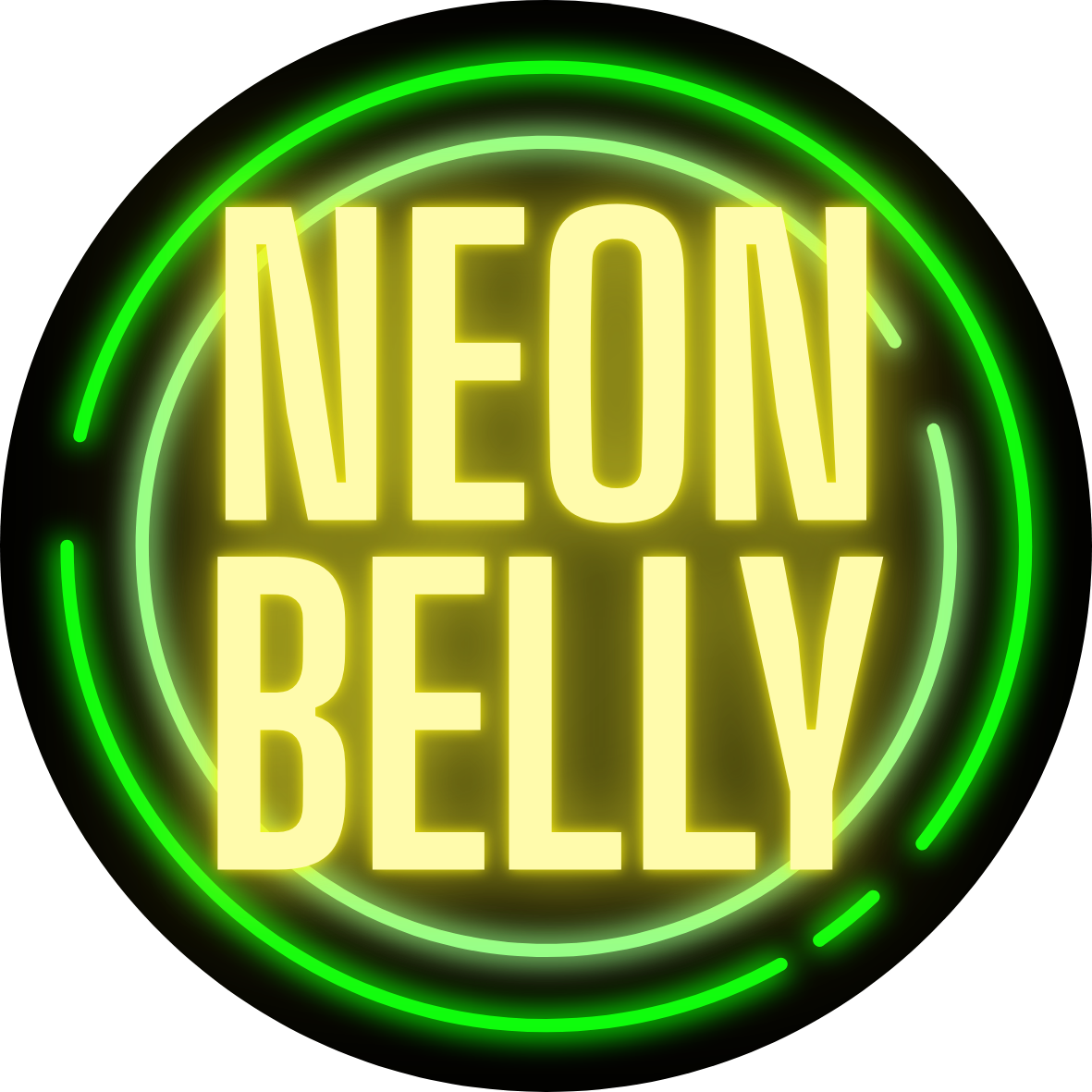 Neon Belly Round Sticker – Retro Green & Yellow Neon Logo Kiss-Cut Sticker
