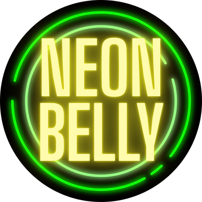 Neon Belly Round Sticker – Retro Green & Yellow Neon Logo Kiss-Cut Sticker