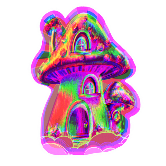 Psychedelic Mushroom House Sticker – Whimsical Fairy Art Vinyl Decal