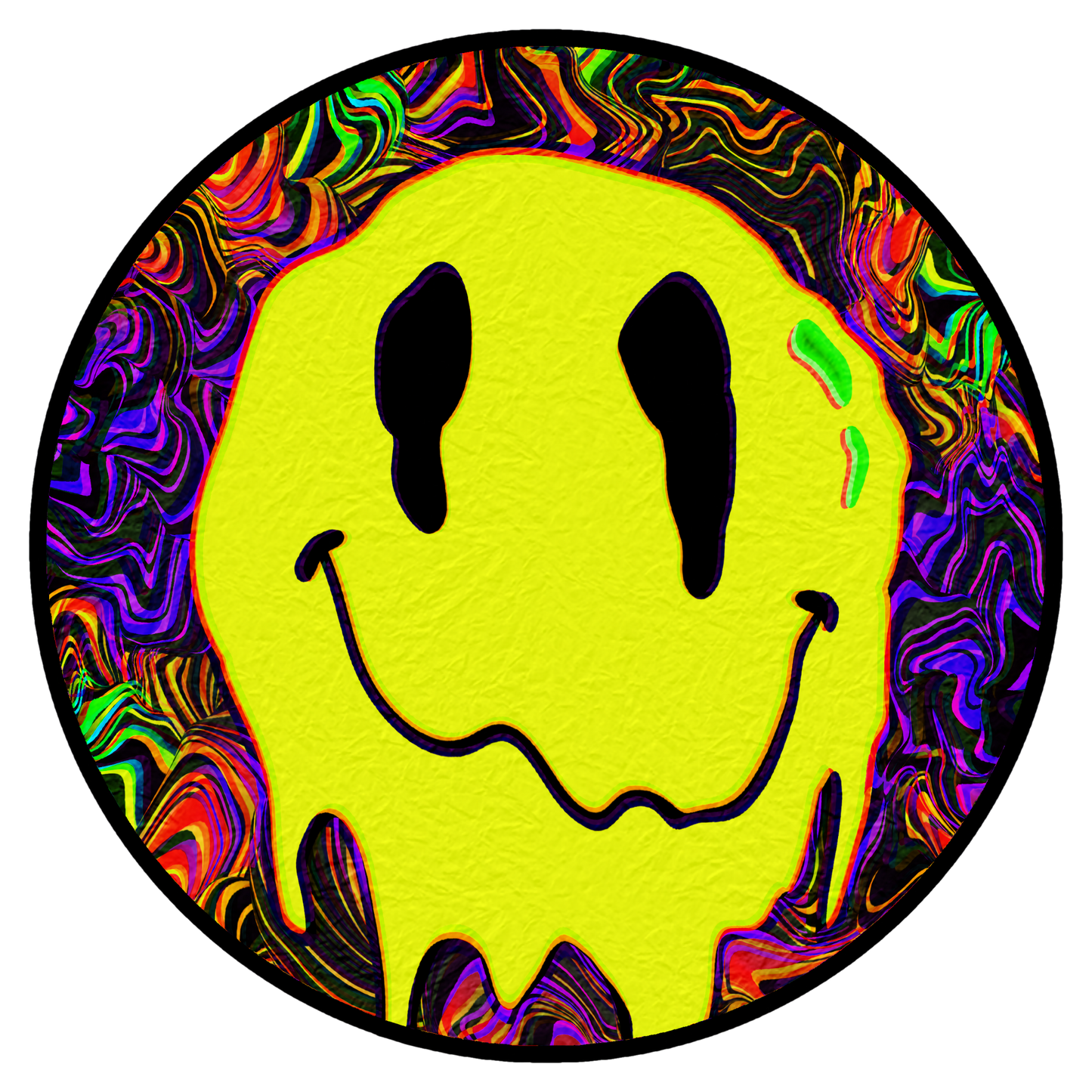 Psychedelic Drip Smiley Sticker — Neon Trippy Kiss-Cut Decal