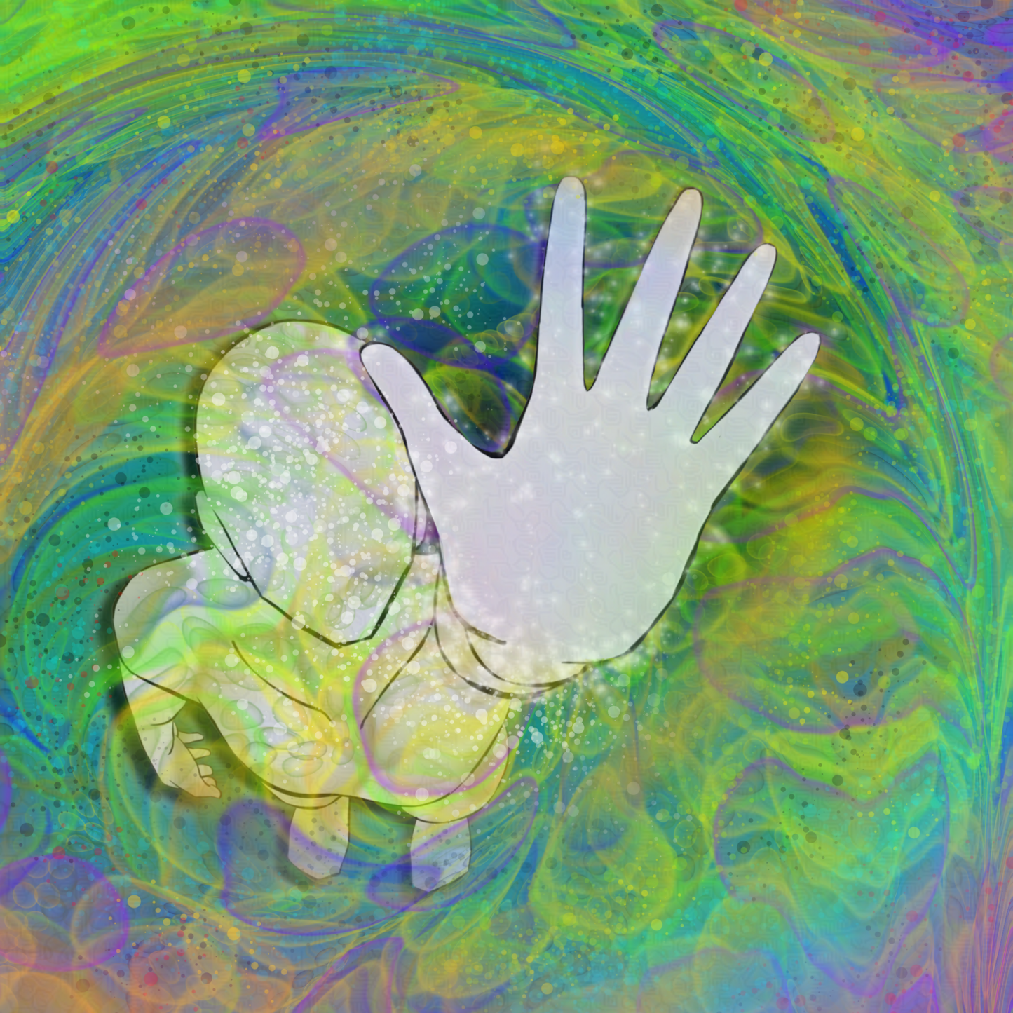 Psychedelic Outstretched Hand Sticker — Trippy Green Swirl